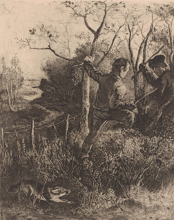 Landscape with hunter and two fighting boys, print, printmaker: Charles Verlat, 1834 - 1890, paper,