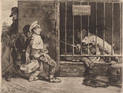 Two boys teasing a lion, print, Two boys stick a branch through the bars of a lion cage. A guard