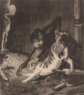 Monkey forces a cat to pull the chestnuts out of the fire, print, The monkey Bertrand persuades the