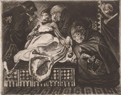 Sick monkey with a pipe, print, A monkey is examined by three monkeys dressed as doctors.,