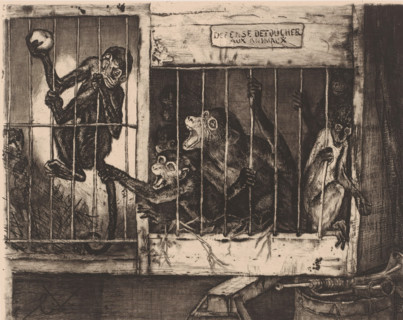 Cage with monkeys, Défense de toucher aux animaux, print, printmaker: Charles Verlat, 1834 - 1890,