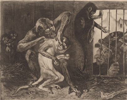 La force prime le droit, Otto von Bismarck by a cage with monkeys, print, The Prussian statesman