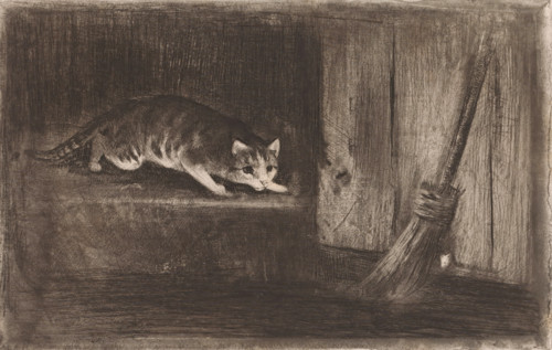 Cat and mouse, print, Cat stalks a mouse hiding behind a broom., printmaker: Charles Verlat, 1834 -