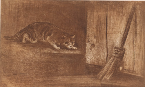 Cat and mouse, print, Cat stalks a mouse hiding behind a broom., printmaker: Charles Verlat, 1834 -