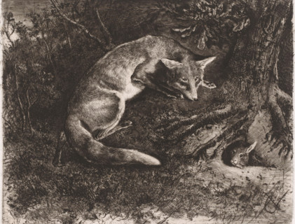 Fox hunting a rabbit, print, workshop stamp: 'Galerie C. Verlat', printmaker: Charles Verlat, 1834
