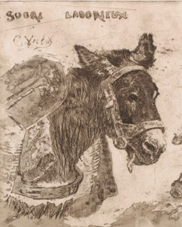 Donkey and pig, Sobre laborieux, print, A pack donkey and an eating pig, where the text above the