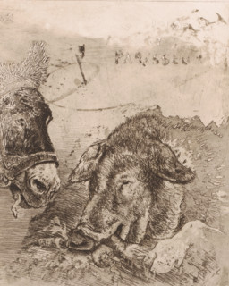 Glouton et paresseux, Donkey and pig, print, A pack donkey and an eating pig, in which the text