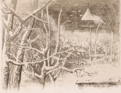 Snow landscape with castle, print, printmaker: Charles Verlat, 1834 - 1890, paper, etching,
