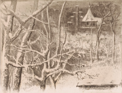 Snow landscape with castle, print, printmaker: Charles Verlat, 1834 - 1890, paper, etching,