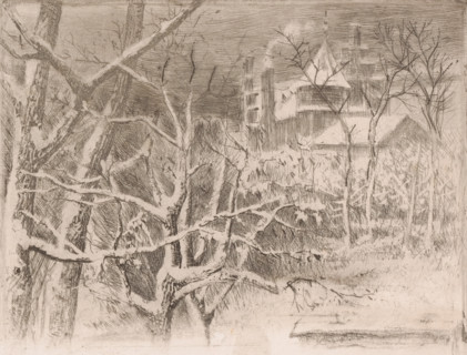 Snow landscape with castle, print, printmaker: Charles Verlat, 1834 - 1890, paper, etching,