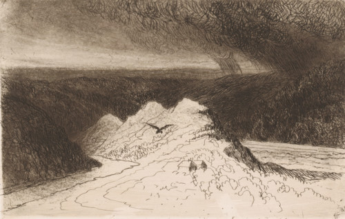 Mountain landscape with dark clouds, print, printmaker: Maria van Hohenzollern-Sigmaringen