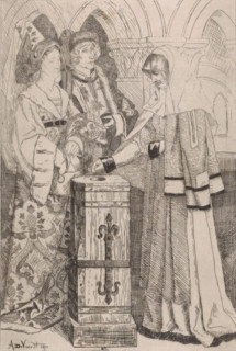 Widow gives a gift, print, printmaker: Albrecht de Vriendt, 1871, paper, chine collé, etching,
