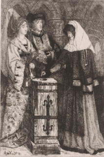 Widow gives a gift, print, printmaker: Albrecht de Vriendt, 1871, paper, chine collé, etching,