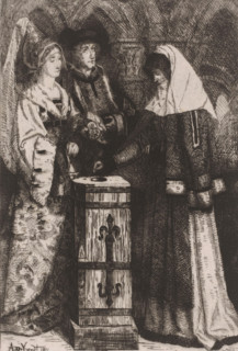 Widow gives a gift, print, printmaker: Albrecht de Vriendt, 1871, paper, chine collé, etching,