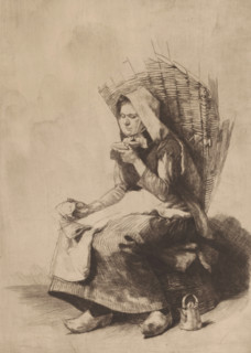 Woman with basket on her back blowing over a dish, print, printmaker: Adrien De Witte, c. 1891,