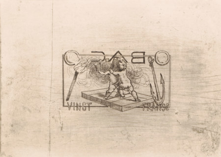 Vingt France, Two putti with dice, a torch and an anchor, print, At the top in mirror image the