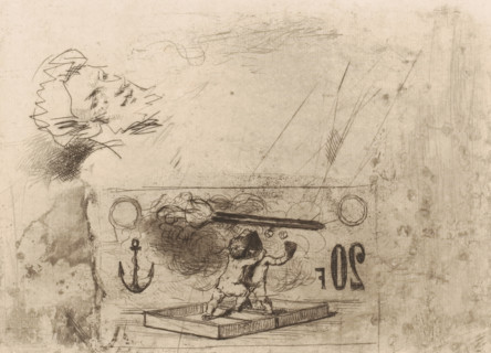 Study sheet with, among others, putti, a torch, anchor and head, print, printmaker: Adrien De