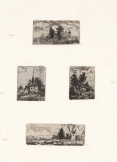 Four landscapes, print, Four scenes on one sheet: Landscape with trees, Small church, House with