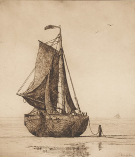 Fishing boat on the beach of Katwijk, print, Next to the boat a sailor carrying the anchor chain.,