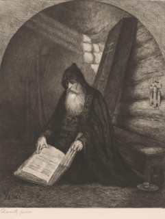 Orthodox monk or hermit kneeling with an open book, print, annotation: 'A mr. Allebé ... signature