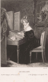 Le billet, Young woman writing a letter at a desk, print, printmaker: Hippolyte Louis Garnier,
