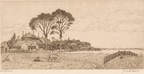 Landscape with meadows, water and farm, print, printmaker: Maurits van der Valk (signed by artist),