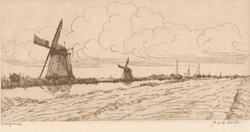 Landscape with meadow, canal and windmills, print, printmaker: Maurits van der Valk (signed by