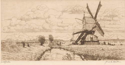 Pasture landscape with ditch and windmill, print, printmaker: Maurits van der Valk (signed by