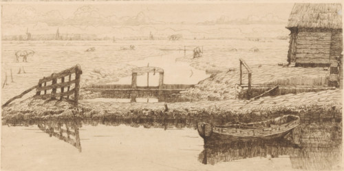 Haarlemmervaart (original title), Ditch with dam in a meadow, print, A rowboat in the ditch.,