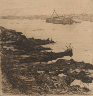 River with boat, print, printmaker: Maurits van der Valk (signed by artist), 1867 - 1914, paper,