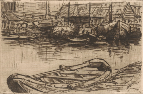 Moored boats in harbour, print, printmaker: Maurits van der Valk (signed by artist), 1867 - 1914,