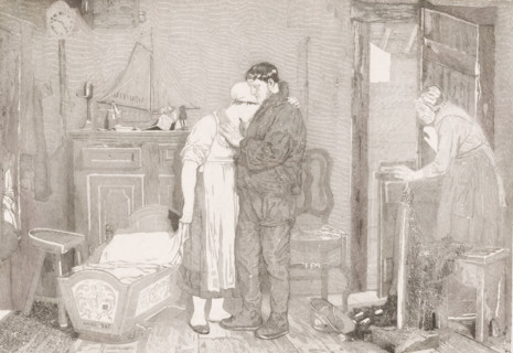 Fisherman interior with grieving couple near an empty cradle, print, annotation: '1er état',