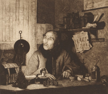 Man weighing valuables by lamplight, print, On the left, a hand of someone climbing to the window