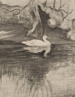Pond with duck, print, The duck swims near tree roots., printmaker: Theo van Hoytema (signed by
