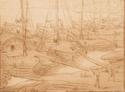 Unloading ships (original title), Moored ships on the bank of the Ganges in Benares, print, Several