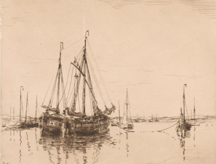 Harbour, Norderney (original title), Harbour with moored two-masted ship, print, printmaker: Willem