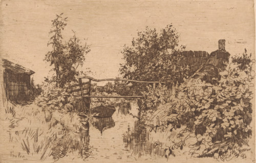Bridge over a canal in a landscape with trees, houses, and shrubbery, Giethoorn (original title),