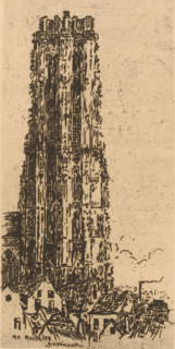 View of St. Rumbold's Cathedral, St. Rumbold's Mechelen, print, printmaker: Rik Wouters (signed by