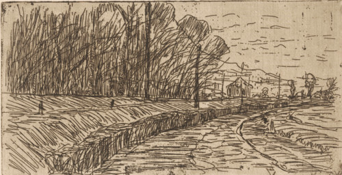 Landscape with road, forest edge and power poles, print, printmaker: Maurits van der Valk (signed