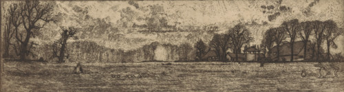 Farm near Santpoort (original title), print, In the foreground several figures in a meadow. In the