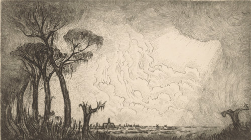 View of Haarlem (original title), print, In the foreground trees. In the background the silhouette