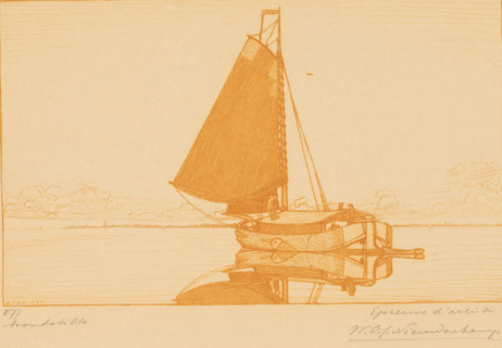 Evening Silence (original title), Peat Barge on a Lake at Calm, print, printmaker: Wijnand Otto Jan