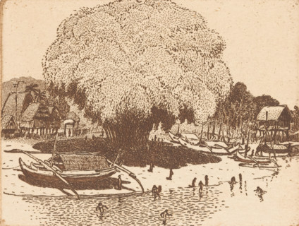 View of Loloan Barat in Bali, The fishing village (original title), print, In the foreground,