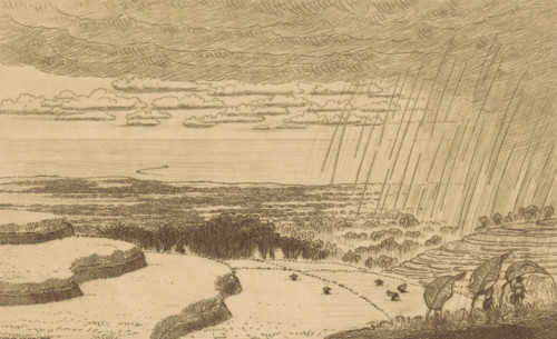 A rain shower (original title), Rain shower over the rice fields near Gitgit on Bali, print, In the