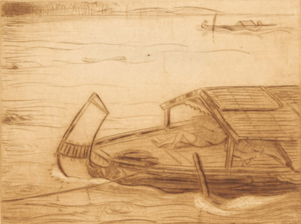Moored ship in the Kali Mas in Surabaya, The river (original title), print, Two figures are