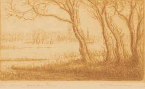 View of Edam (original title), print, Trees by a lake north of Edam. In the background the