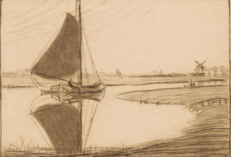 A Silent Day (original title), Drecht, print, A sailing ship on the river Drecht in South Holland.