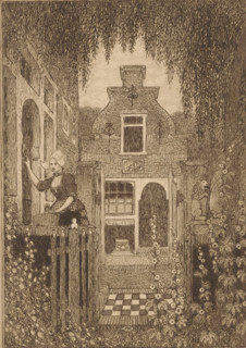 At the front door (original title), Woman in traditional costume knocking on a front door in Edam,