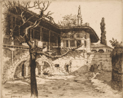View of a courtyard in Edessa, Vodena July 1917, print, printmaker: Louis Godefroy (signed by