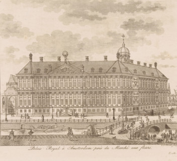 View of the Royal Palace in Amsterdam, Royal Palace in Amsterdam near the flower market, print,